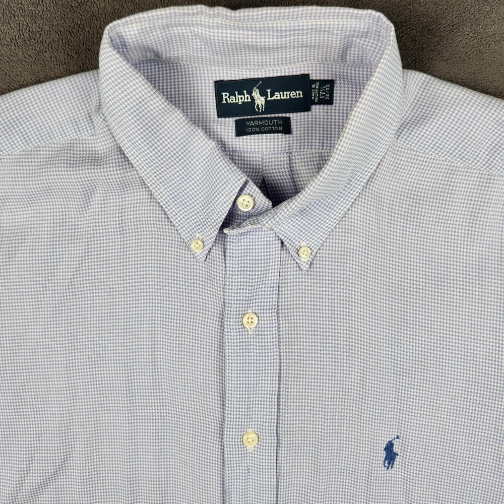 Ralph Lauren Yarmouth Shirt Mens 17.5 32/33 Blue Houndstooth‎ Cotton Button Up